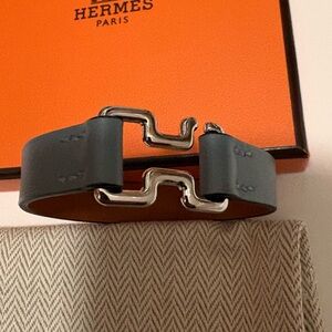 Hermès Blue/Gray Leather Bracelet with Silver Clasp